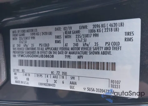 2019 Ford Escape Se из США, поврежденный, VIN 1FMCU0GD0KUB38638